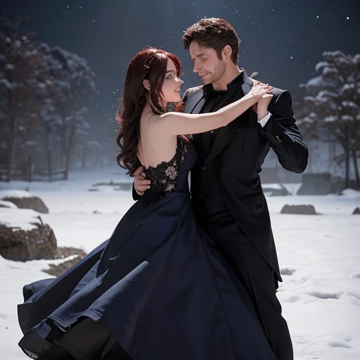 Gerard butler y susan coffey bailando bajo la nieve magia romance.
Gerard tiene el cabello largo negro, de traje elegante, susan de vestido rojo y cabello rojo , flores,
Primer plano, rostro definido, alta calidad, colores brillantes, hermoso y magico