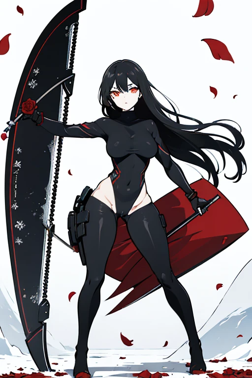 female, black hair, long hair, black turtleneck bodysuit, red eyes, red rose petals, highres, absurdres, 8K, masterpiece, looking at viewer, nsfw, snow, big waist, holding scythe