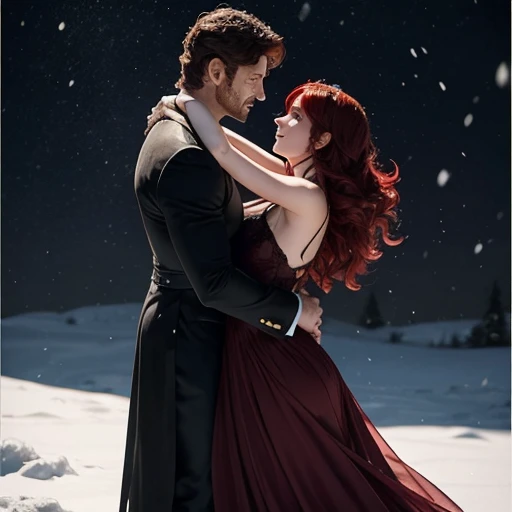 Gerard butler y susan coffey bailando bajo la nieve magia romance.
Gerard tiene el cabello largo ?????, de traje elegante, susan de vestido rojo y cabello rojo , flores, 
Parte superior del cuerpo
Primer plano, rostro definido, alta calidad, colores brillantes, hermoso y magico