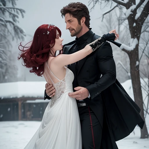 Gerard butler y susan coffey bailando bajo la nieve magia romance.
Gerard tiene el cabello largo negro, de traje elegante, susan de vestido rojo y cabello rojo , flores, 
Parte superior del cuerpo
Primer plano, rostro definido, alta calidad, colores brillantes, hermoso y magico