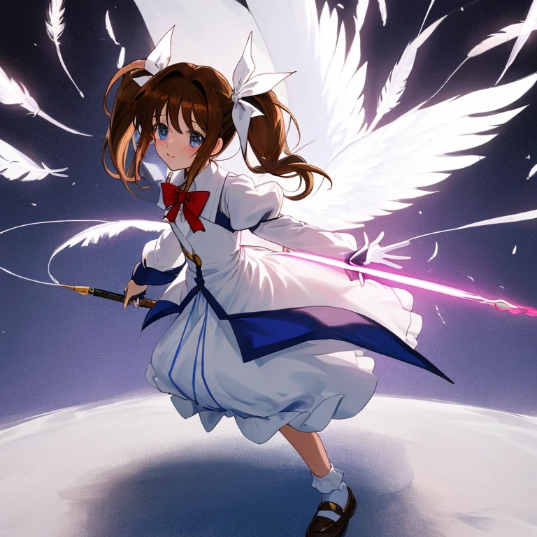 {{{{amazing quality, great quality, high quality, very aesthetic, aesthetic, best quality}}}}, 
realistic, photo, shadow, Three-dimensional, absurdres, Digital art, 
{{{magical girl lyrical nanoha}}}, {{{Nanoha Takamachi}}}, 11 years old, 
brown hair, medium hair, shiny hair, twin tails, white ribbon, 
blue eyes, big eyes, round eyes, tareme, 
{{flat chest}}, {{small breasts}}, {{detailed body}}, slim thighs, thin thighs, 
barrier jacket, white long skirt, white long sleeves, puff sleeves, bulging shoulders, 
black fingerless gloves, black socks,white shoes with white feathers, 
ribbon trim, red bow tie, red big jewel, 
{A magic wand named "Raging Heart"}, 
{{{{Magical girl}}}}, beautiful girl, one girl, cute, pretty, lovely, charming, teenage, kawaii, younger sister, 