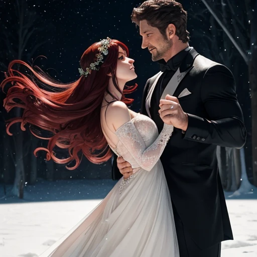 Gerard butler y susan coffey bailando bajo la nieve magia romance.
Gerard tiene el cabello largo negro, de traje elegante, susan de vestido rojo y cabello rojo , flores,
Parte superior del cuerpo
Primer plano, rostro definido, alta calidad, colores brillantes, hermoso y magico