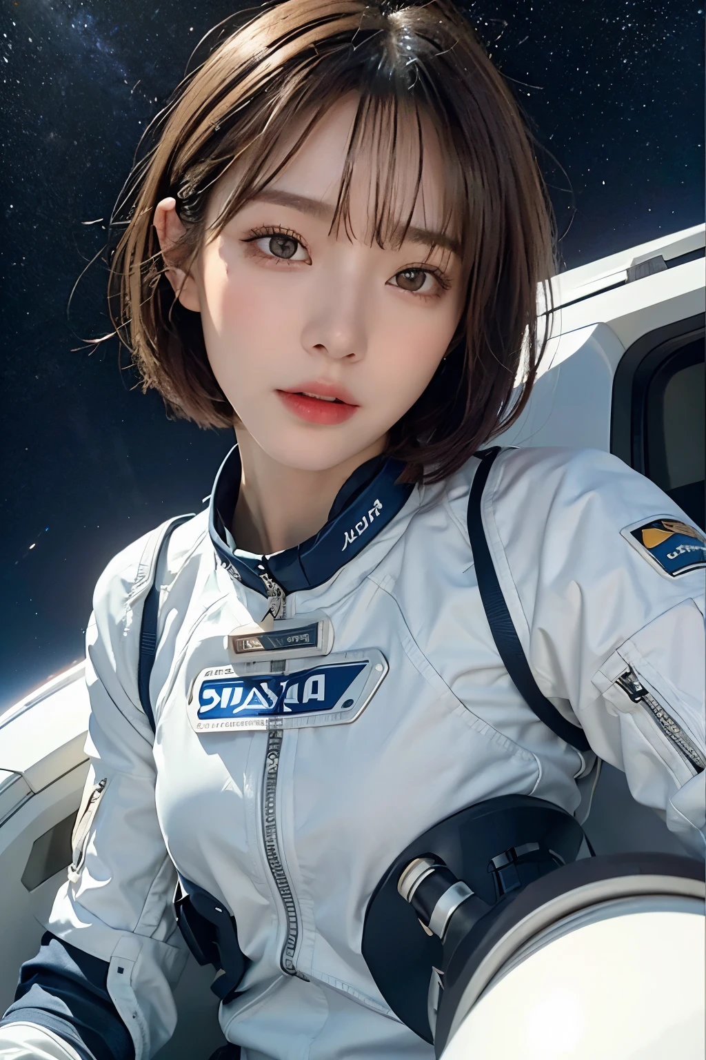 highest quality、masterpiece、ultra high resolution、(real:1.4)、Beautiful woman１、Beautiful details of eyes and skin、light brown short cut hair、The perfect spacesuit、Cold、spaceship、snowfield、cloudy sky、