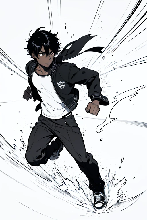 male, black hair, short hair, black eyes, dark skin, bomber jacket, highres, absurdres, 8K, running, looking back at viewer, masterpiece, sketch, manga-artstyle
