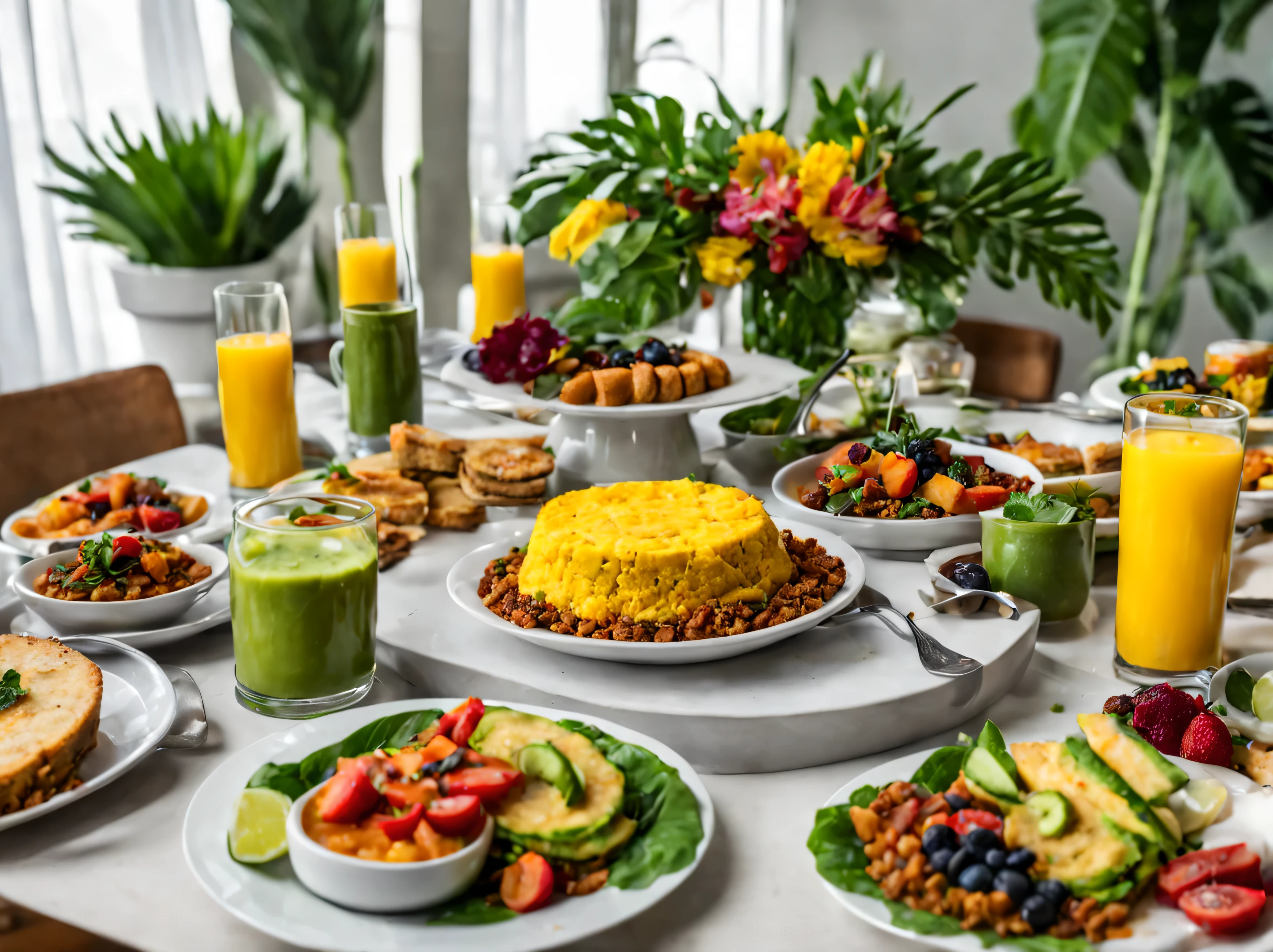 create an image with vegan breakfast brazilian , exquisite ambience, on a table, vegan banquet, realistic
