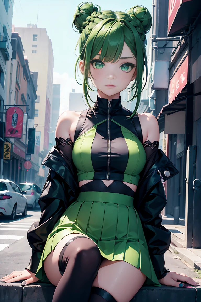 ((1 girl)), latest trend clothes, Street fashion,avant garde, skirt,black tights,sit,((Super detailed,highest quality, High resolution, 8k wallpaper, beautiful clothes,)),((colorful hair, shortcut,braided bun,asymmetrical bangs)) (green eyes),eye shadow, eyeliner,Glow eye, highly detailed eyes, complicated eyes, beautiful eyes, Glowing green eyes、18 year old girl.