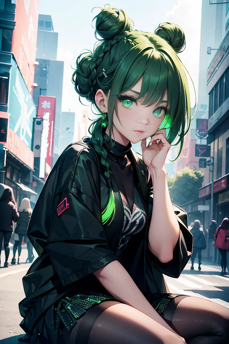 ((1 girl)), latest trend clothes, Street fashion,avant garde, skirt,black tights,sit,((Super detailed,highest quality, High resolution, 8k wallpaper, beautiful clothes,)),((colorful hair, shortcut,braided bun,asymmetrical bangs)) (green eyes),eye shadow, eyeliner,Glow eye, highly detailed eyes, complicated eyes, beautiful eyes, Glowing green eyes、18 year old girl.