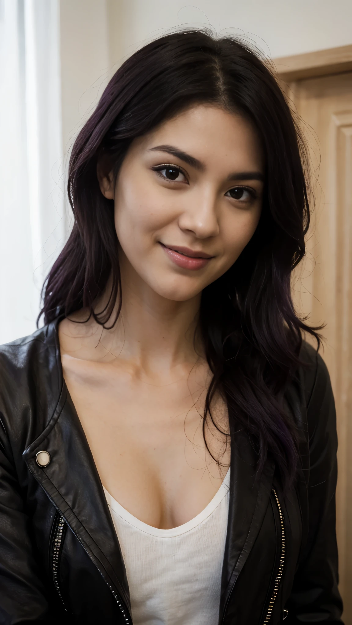 (best quality, highres), portrait of Misato Katsuragi, Purple medium purple Hair, Mixed Beautiful Pretty 28 years old Japanese babe, small beautiful brown eyes, intense gaze, beautiful lips, red leather jacket, black dress, combine realism and beautiful anime influenced, confident looks, smiling, 