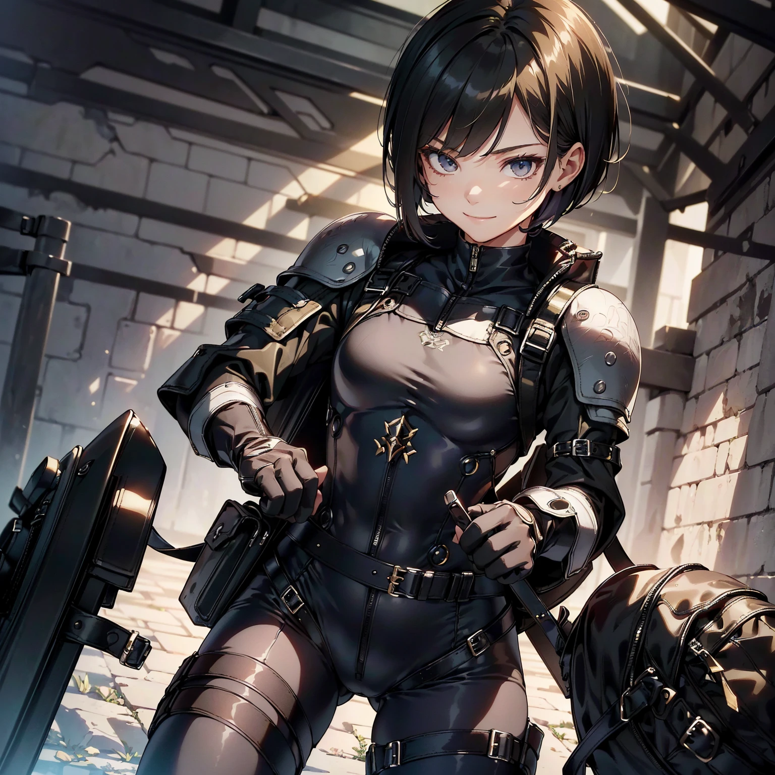 (masterpiece、highest quality、highest resolution、clear_image、detailed details): (whole body、18 year old female fighter,Slender、small face、black super bob short hair、Shiny black tight combat uniform,tight suit、Gentle smile、Backpack)