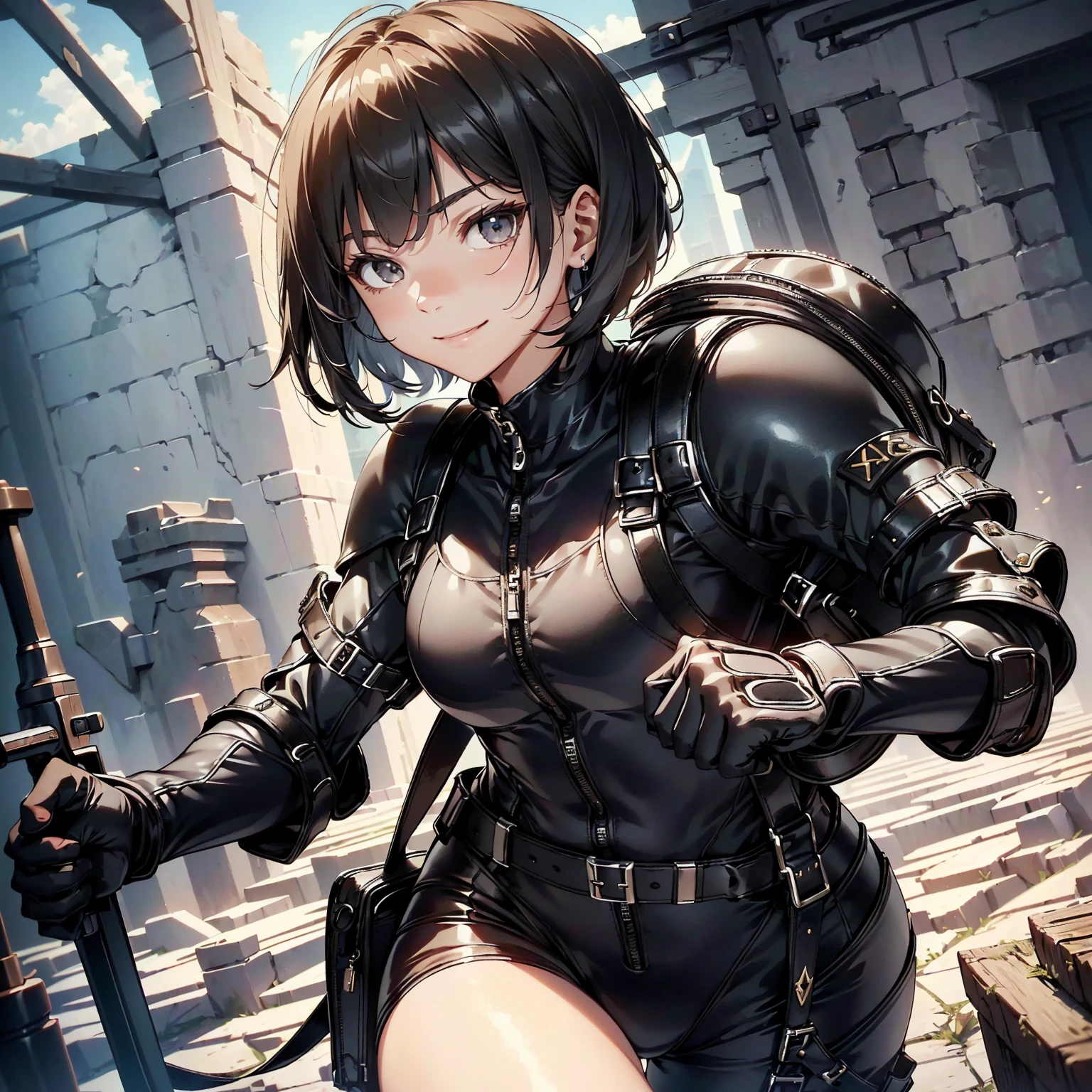 (masterpiece、highest quality、highest resolution、clear_image、detailed details): (whole body、18 year old female fighter,Slender、small face、black super bob short hair、Shiny black tight combat uniform,tight suit、Gentle smile、Backpack)