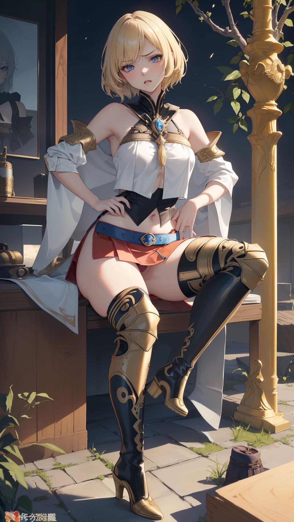 (golden ratio,muste piece, top quality, best quality, beautiful and aesthetic:1.2), very detailed, colorful,best details, (adult,19 years old,1 girl,  Final Fantasy 12,Ashelia, short hair, short hair,Asheliaコスチューム, huge , mini skirt,thigh high boots, thighs, jewelry,Contemptuous look,Eyes like looking at garbage, sexy, erotic,  anime, ultra detailed, footjob、displeased,from below,Knee striking