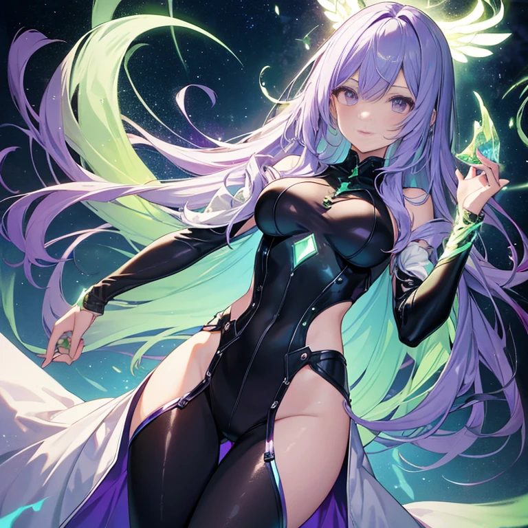 masterpiece, highest quality, 1 girl, with long flowing iridescent hair in shades of purple, green, and green, wearing a sleek black bodysuit, put one hand on your waist、Take a shining pose with your other hand、standing in a dramatic pose, magic crystal ball. in the background, A swirling vortex of light and energy、Adds to the mysterious and enchanting atmosphere of the scene. glow hair, multicolor hair