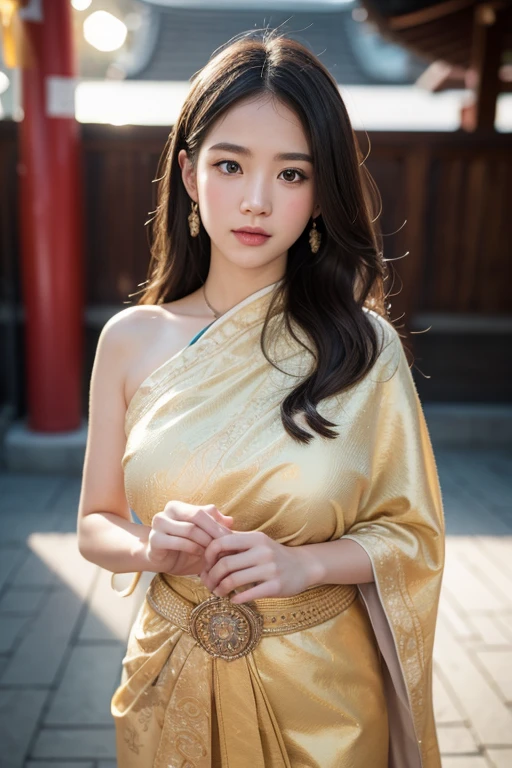 Full body Photography realistic Portriat, Asian Chubby girl large breasts, Wearing traditional Thai dress, front of Sensoji Temple, Japan, Snow covered, There's warm sunshine, (RAW photo:1.2), (photorealistic:1.4), shot by Sony alpha 7 iv, 85mm lens, f/1.4, ISO 100, (masterpiece:1.2), (intricate detailed), (best quality:1.2), (professional photography), (realistic:1.5), (soft light:1.3), (defuse lighting:0.7), (ambient lighting:0.6), (rim lighting,:1.2), fine textures, (depth of field:1.2), (bokeh:1.2), (face focus:1.5), film overlay, film grain,
