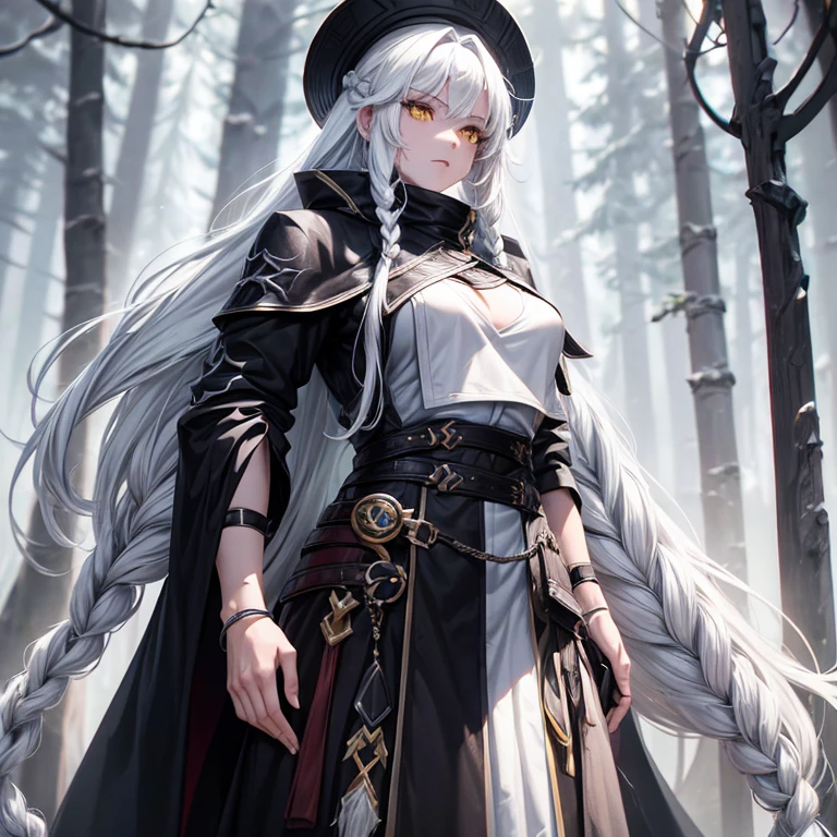 Female kor dnd, long white hair that is braided, 5'10inches tall, athletic body built, full civering assasin black colored outfit, pale yellow eyes, gray skin color. In a forest. Looser clothes that cover everything