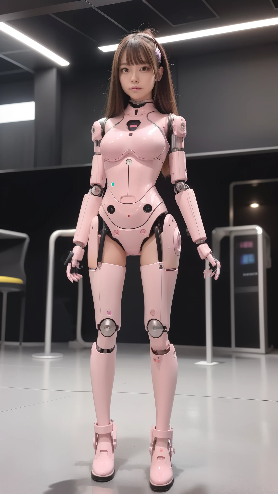 masterpiece, best quality, extremely detailed, (8K, 4K, Best Quality, Hight resolution, 超A high resolution:1.1), 8K portrait,1girl in, Japanese android girl, android teacher, control panels, android, Droid, Mechanical Hand, ,Robot arms and legs, Black hair, Mechanical body, Blunt bangs, Pink Robotics Parts, perfect robot woman, Charging spot, Long Tube, A thick cable was connected to her neck, ceramic body , android, robot humanoid, panty, full eyes, perfect mechanical body, pink robotics body, future assembly plant, Pink body, She has repaired, lack sponge joints, android assembly plant, android, laboratory, platform boots, perfect machine body, pink robot body
