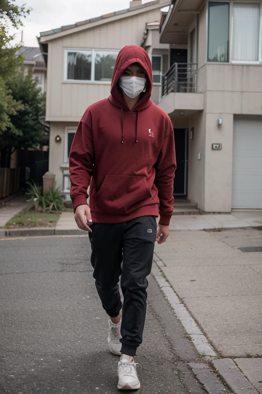 Guy walking in front of a house with a red hoodie covering his face 