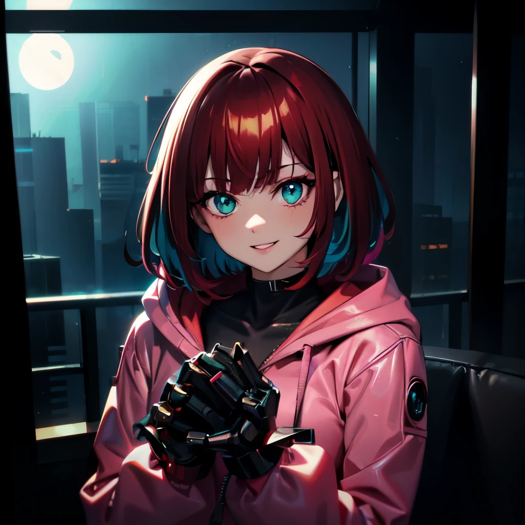 (cyberpunk\), 1girl, colored tips, teal eyes, hoodie, long sleeves, looking at viewer, short hair, multicolored hair, parted lips, brown hair with red tips, hair down, portrait, red eyeliner, solo, pink jacket, cyberpunk \(series\), rainy night in a cyberpunk city with glowing neon lights, cybernetic arms, mechanical robot hands, cyberware, smiling