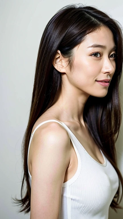 (highest quality, 8K, 32K, masterpiece, UHD:1.2),beautiful woman photo, Upper body, from the waist up,face focus, extra large size_white tank top, simple background, smile,natural light,one person,Upper body,Neat((profile)),30 generations,morning,White furniture,natural,healthy,stylish,Good posture,sporty,simple room,Fashion Model,Are thin,Japanese,realism,Semi-long hairstyles,morning