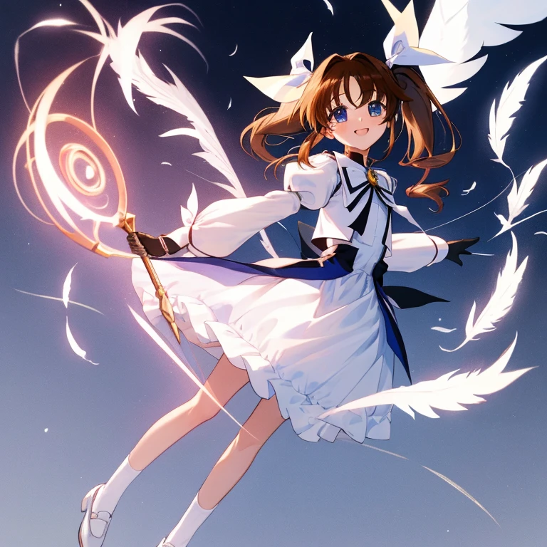 {{{{amazing quality, great quality, high quality, very aesthetic, aesthetic, best quality}}}},
realistic, photo, shadow, Three-dimensional, absurdres, Digital art,
{{{magical girl lyrical nanoha}}}, {{{Nanoha Takamachi}}}, 11 years old,
brown hair, medium hair, shiny hair, twin tails, white ribbon,
blue eyes, big eyes, round eyes, tareme,
{{flat chest}}, {{small breasts}}, {{detailed body}}, slim thighs, thin thighs,
barrier jacket, white long skirt, white long sleeves, puff sleeves, bulging shoulders,
black fingerless gloves, black socks,white shoes with white feathers,
ribbon trim, red bow tie, red big jewel,
{A magic wand named "Raging Heart"},
{{{{Magical girl}}}}, beautiful girl, one girl, cute, pretty, lovely, charming, teenage, kawaii, younger sister, A big smile,
