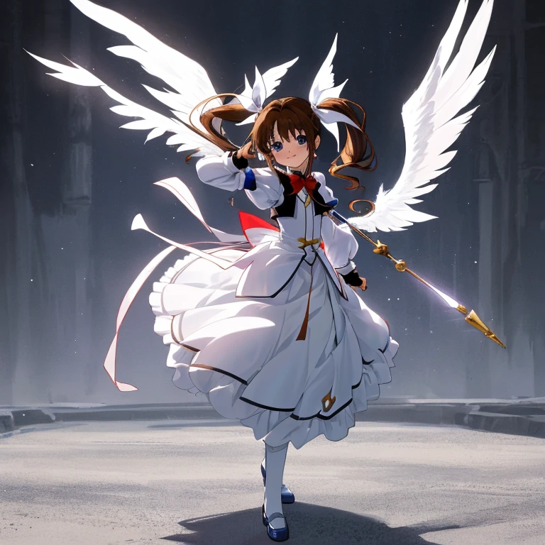 {{{{amazing quality, great quality, high quality, very aesthetic, aesthetic, best quality}}}},
realistic, photo, shadow, Three-dimensional, absurdres, Digital art,
{{{magical girl lyrical nanoha}}}, {{{Nanoha Takamachi}}}, 11 years old,
brown hair, medium hair, shiny hair, twin tails, white ribbon,
blue eyes, big eyes, round eyes, tareme,
{{flat chest}}, {{small breasts}}, {{detailed body}}, slim thighs, thin thighs,
barrier jacket, white long skirt, white long sleeves, puff sleeves, bulging shoulders,
black fingerless gloves, black socks,white shoes with white feathers,
ribbon trim, red bow tie, red big jewel,
{A magic wand named "Raging Heart"},
{{{{Magical girl}}}}, beautiful girl, one girl, cute, pretty, lovely, charming, teenage, kawaii, younger sister, A big smile,