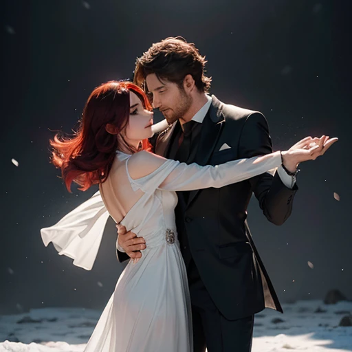 Gerard butler y susan coffey bailando bajo la nieve magia romance.
Gerard tiene el cabello largo negro, de traje elegante, susan de vestido rojo y cabello rojo , flores,
Parte superior del cuerpo
Primer plano, rostro definido, alta calidad, colores brillantes, hermoso y magico