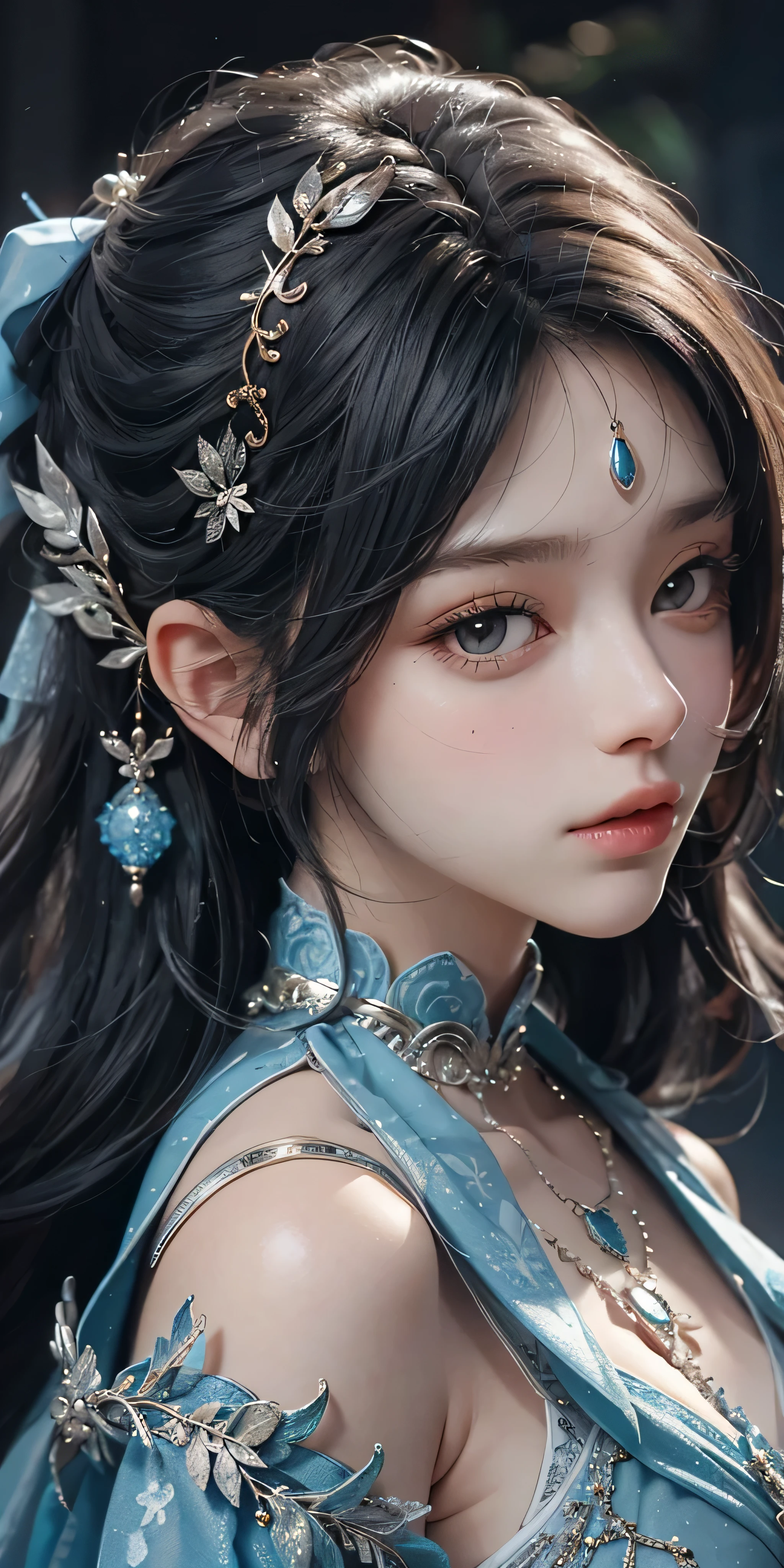 There was a woman dressed in blue，wearing a necklace, ((beautiful fantasy queen)), Inspired by Shen Si Zheng, sky blue. fine hair, winter princess, ice princess, Gurwitz-style artwork, 8k)), fantasy aesthetics!, Gurwitz, Frozen queen, High quality detailed art in 8k