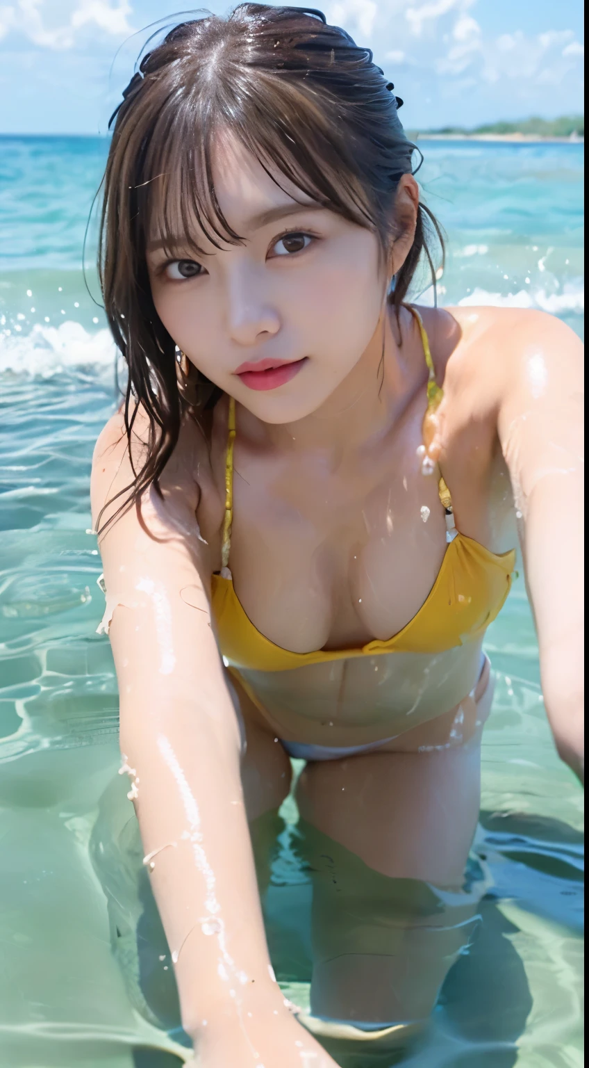 (((Sun oil makes your skin shine Maste Piece))、highest quality、An illustration、Super fine、Fine、High resolution、8k wallpaper、perfect body composition、Beautiful eyes、((submerged in water up to waist:1.2))、((Random and cute)micro bikini:1.5))、random cute hairstyles、Breasts that seem to protrude from the swimsuit、natural color lip、beach、Random and cute poses、((eyeを細める満面の笑み))、((Breast flick、under look)eye、mole on arm:0.9))、((shortcut))、((Front camera work:1.5))、((Lifting seawater with both hands:1))、()、((stick out your butt) )、((Sea))、slightly big breast、((crawl on all fours:1.2))、((T-back underwear))