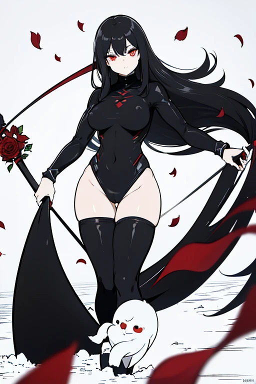 female, black hair, long hair, black turtleneck bodysuit, red eyes, red rose petals, highres, absurdres, 8K, masterpiece, looking at viewer, nsfw, snow, big waist, holding scythe