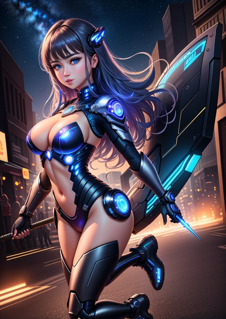 best quality, 8k, photography, beautiful eyes, detailed eyes, giant 3d printer, weapon market, neon light, starry night, 1girl, cyborg, fullbody, perfect body, chasing by cyborg enemies, medium breast, top viewer,  