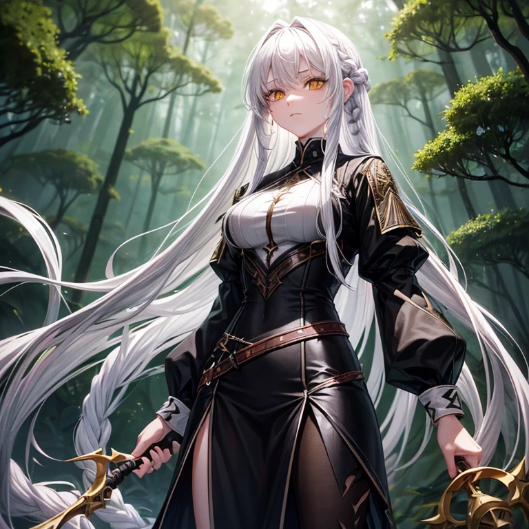 22 year old female, long white hair that is braided, 5'10inches tall, athletic body built, full civering assasin black colored outfit, pale yellow eyes, gray skin color. In a forest. Looser clothes that cover everything. Thorn whip in hand. Oversized shirt