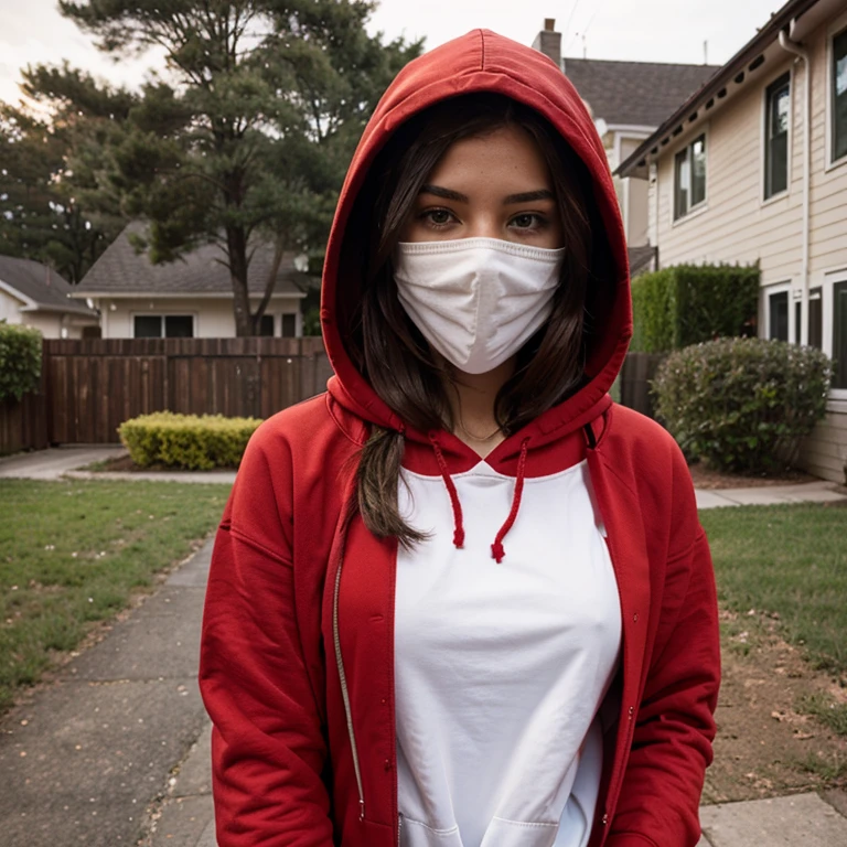 Girl walking in front of a house with a red hoodie covering her full face
