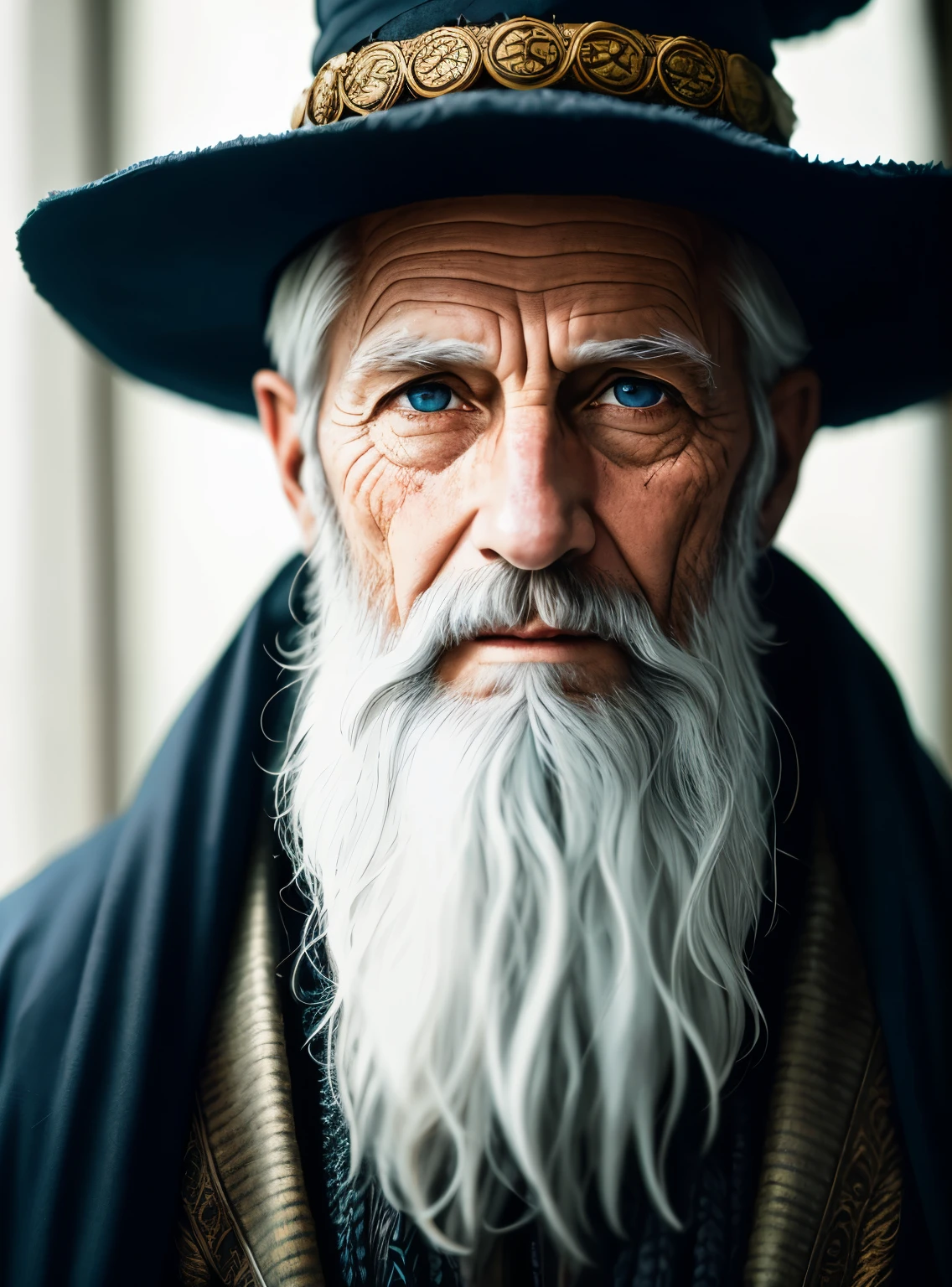 A portrait oF a wizard, bearded, wrinkle, weathered, sharp eyes, detailed Face, high detail, photography, Natural light, Nikon D850, 50mm, F/1.4