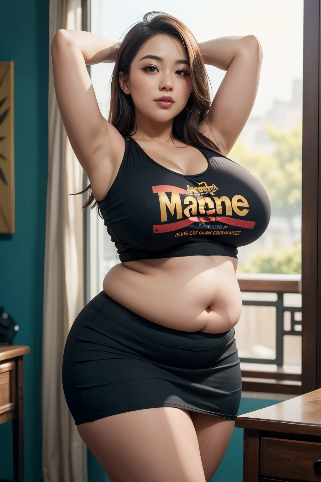 ((best quality)), ((masterpiece)), (detailed), perfect face, a woman wearing t-shirts and skirt posing for a picture, bbwchan, she has a jiggly fat round belly, thicc, sexy :8, sexy girl, trending on bbwchan, skinny waist and thick hips, busty, her belly is fat and round, asian girl, meaty, thick body, lovely woman, full body, armpit, armpit hair, hairy armpits, armpit hair, black armpit, heavy breasts, large armpits, , wearing t-shirts