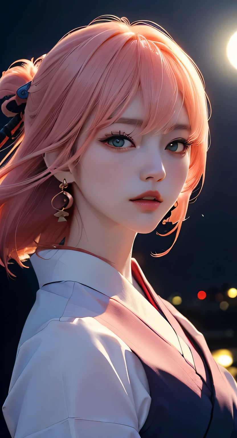 (((Masterpiece: 1.5, Best Quality, High Resolution: 1.3, Super Resolution, Super Detail, Super Detail: 1.3, Rich Background: 1.2))), 1 Girl, Solo, Green Eyes, Long Pink Hair with Blue Ribbon, Blunt Bangs, Cute Hairpin, School Uniform, White Serafon, Red Sailor Collar, Short Sleeves, Blue Pleated Skirt, (Outdoor), ((Downtown), (Crowd), ((Japanese Vibe: 1.3)), Landscape, ((Night)), Darkness, (Low Light: 1.1), Moon, (Moonlight: 1.2), ((Dynamic Light: 1.4)), ((Head Close-up))))))