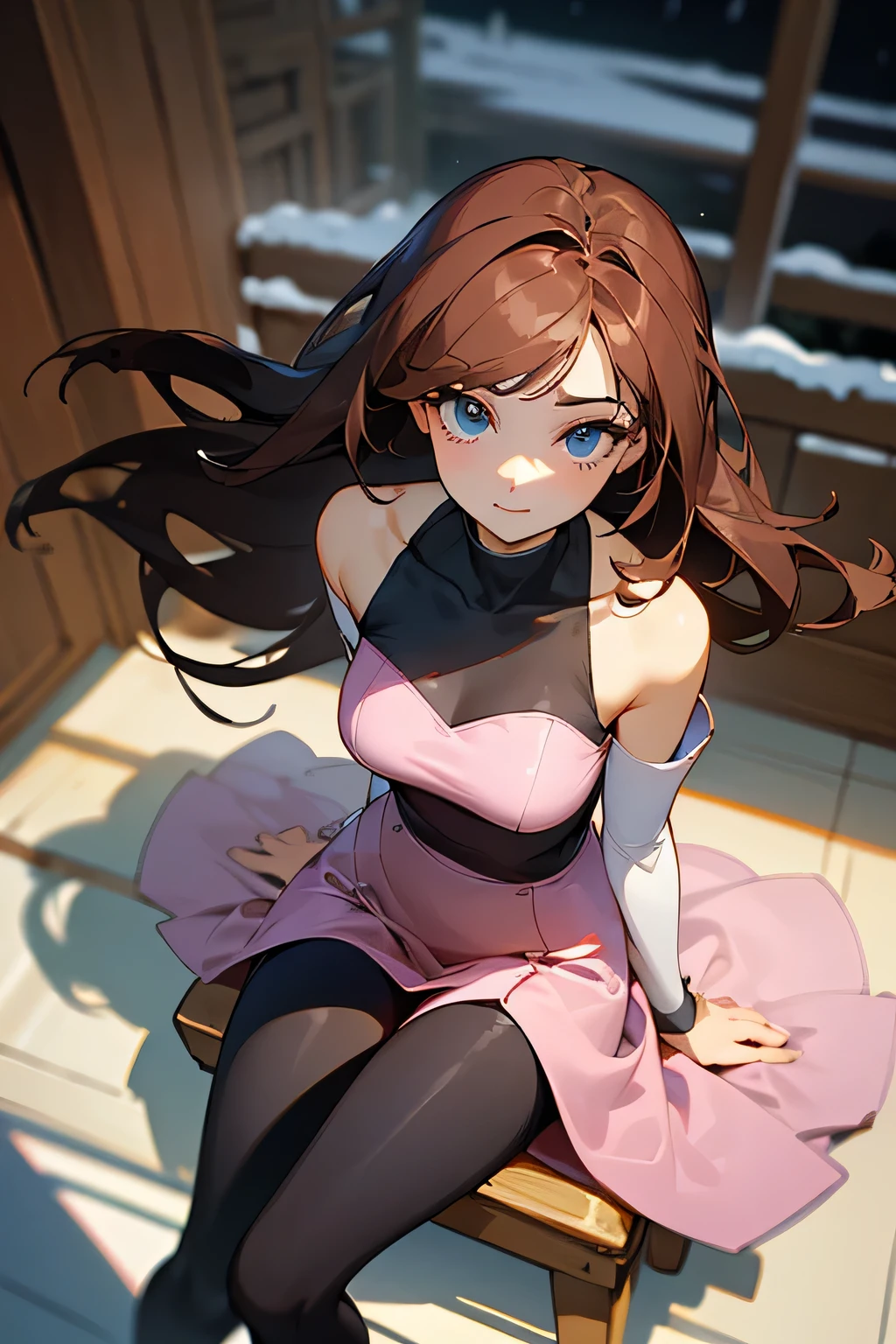 masterpiece, highest quality, Super detailed, High resolution, (Ink painting style), excellent , 1 beautiful woman, ((pixel perfect, Depth of bounds written, 4K, rtx))), alone, beauty, see the whole body, ((long hair to the waist, short bangs, reddish brown hair)), ((blue eyes, beautiful eyelashes, realistic eyes)),detailed face, ((smooth texture:0.75, lively sense of quality:0.65, lively:1.1, Anime CG style)), , perfect body, ((pink dress,  shoulders, black tights)), confident smile, Sit sideways in a chair, looking down from above, (The wind is strong and the hair is fluttering, exposed thighs, night view hot spring, snowy night, best light, best shadow, Mysterious, perfect face, very detailed, 