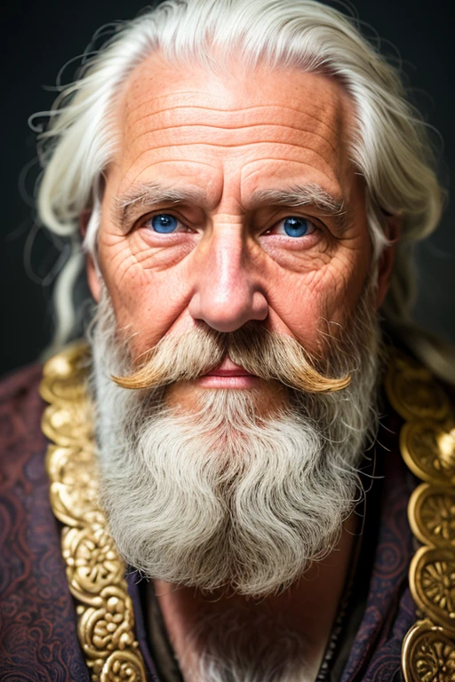 dark theme, super resolution, Surreal, human development report, absurd, lens, vignette, center, Shortness,
Close-up portrait of an old man, Scandinavian, looking at camera,
blue old eyes,
short white hair, One braid curly hair, viking white beard,
missing teeth,
Narrow face and dark skin, broad shoulders, Withstands weathering from sunlight and saturated water,
Gold Pattern Royal Bodice,
Royal Chamber of Commerce camera focused on eyes, High focal length, SLR camera, 200mmlens,
Photo by Na Otero, dark studio, edge lighting, two color lights, dim, low profile, backlight,