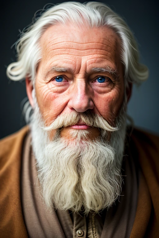 dark theme, super resolution, Surreal, human development report, absurd, lens, vignette, center, Shortness,
Close-up portrait of an old man, Scandinavian, looking at camera,
blue old eyes,
short white hair, One braid curly hair, viking white beard,
missing teeth,
Narrow face and dark skin, broad shoulders, Withstands weathering from sunlight and saturated water,
Gold Pattern Royal Bodice,
Royal Chamber of Commerce camera focused on eyes, High focal length, SLR camera, 200mmlens,
Photo by Na Otero, dark studio, edge lighting, two color lights, dim, low profile, backlight,