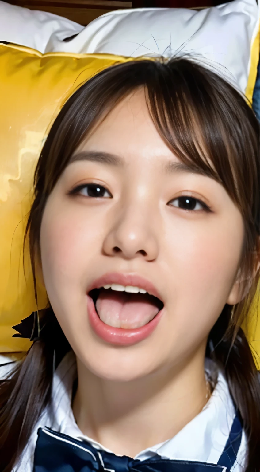 (8K, RAW photo, highest quality, masterpiece: 1.2), Super detailed, super resolution, (genuine, genuine photos: 1.37), portrait, High-definition RAW color photo, professional photos, 非常に詳細で美new, very detailed, 8k wallpaper, amazing details, huge file size, official art, very detailed CG Unity 8k wallpaper, very detailed beautiful girls, very detailed facesHighly detailed eyes, Very fine skin, very thin fingers, very small nose, very detailed detailed mouth, perfect anatomy, detailed background, Fine clothes, one girl, 20th generation, cute girl, genuineistic body, white skin, glowing skin, handsome body, black hair, cute, like々new, cute face, genuineistic face, delicate eyes, Tale's eyes The gaze of an old Horiwa camera, ((facing the front:1.331)). put your hands behind your head, hair pulling pose, very detailed white skin), twin tails, hair ornaments, Chubby),、troubled face, excited face, ((japanese school uniform)), unbearable face, leaky face、((Open your mouth wide and extend your tongue:1.3))、(((Straight in front:1.42)))、See here:1.3.smile、((White pillow under the head:1.4))、((with a sad expression:1.48))