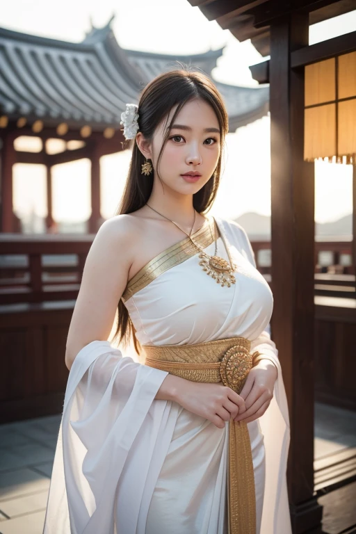 Full body Photography realistic Portriat, Asian Chubby girl large breasts, Wearing traditional Thai dress, front of Sensoji Temple, Japan, Snow covered, There's warm sunshine, (RAW photo:1.2), (photorealistic:1.4), shot by Sony alpha 7 iv, 85mm lens, f/1.4, ISO 100, (masterpiece:1.2), (intricate detailed), (best quality:1.2), (professional photography), (realistic:1.5), (soft light:1.3), (defuse lighting:0.7), (ambient lighting:0.6), (rim lighting,:1.2), fine textures, (depth of field:1.2), (bokeh:1.2), (face focus:1.5), film overlay, film grain,