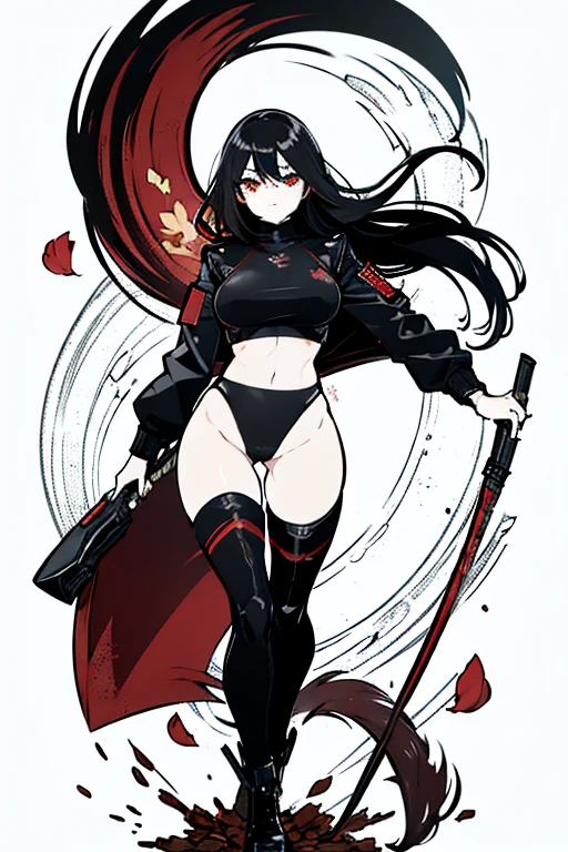 female, black hair, long hair, black turtleneck bodysuit, bomber jacket, red eyes, red rose petals, highres, absurdres, 8K, masterpiece, looking at viewer, nsfw, snow, big waist, holding scythe