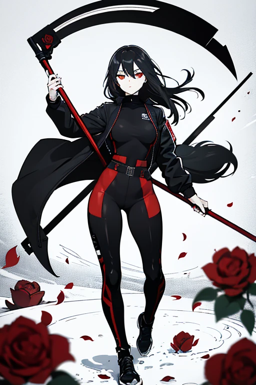 female, black hair, long hair, black turtleneck bodysuit, bomber jacket, red eyes, red rose petals, highres, absurdres, 8K, masterpiece, looking at viewer, nsfw, snow, big waist, holding scythe