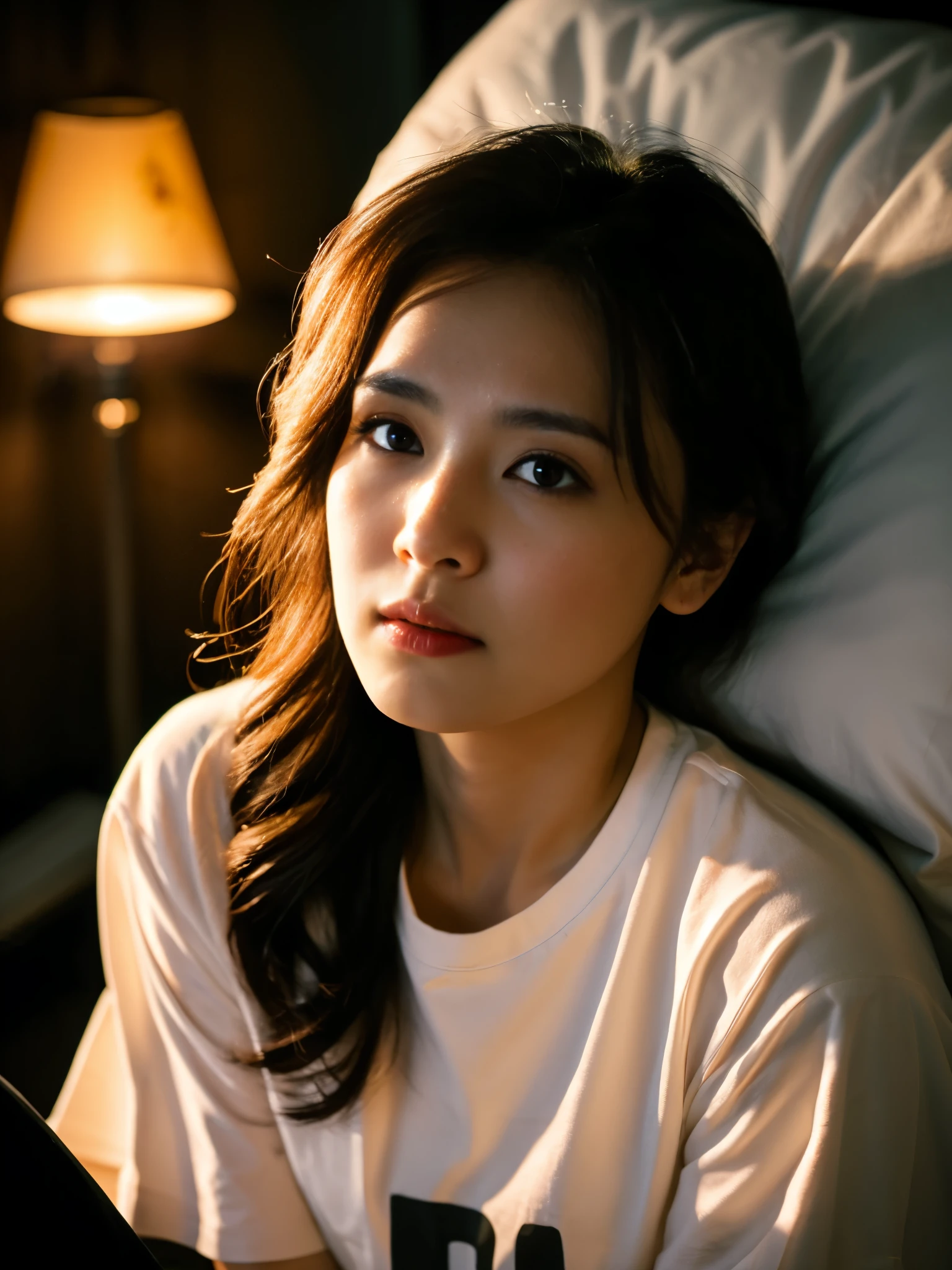 Han So Hee wearing a white T-shirt_shirt, hair_前hair, hair tied up, sitting on the bed,

analog style, hyper realistic lifelike texture dramatic lighting unrealengine trending on artstation,Award-winning photo,Nikon RAW photo,8k,Fujifilm XT3,masterpiece, highest quality, realistic, photorealistic,Super detailed,highly detailed face,

sunrise, rim lighting, two-tone lighting, It&#39;s dim, discreet key,

