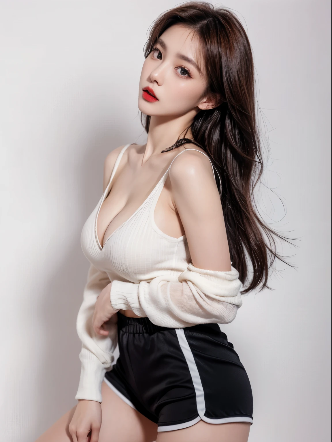 A slender woman, red glossy lips,(beautiful face), (best quality), (Super detailed), (Extremely detailed CG unified 8k wallpaper),(black clothes), Model photo, (standing), (pure white background),(cleavage),(big eyes),(average light source),(black shorts),(small breasts),