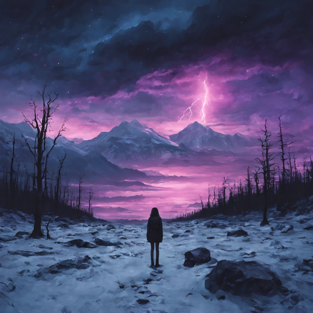 hopeless landscape, dark fantasy, beautiful landscape, masterpiece, tundra, dark sky, hopeless girl, cold atmosphere, vaporwave aesthetics