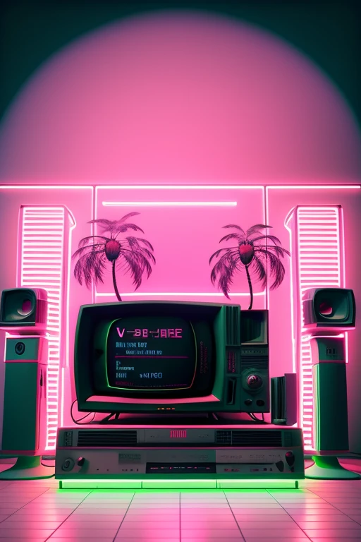 a neon sunset with palm trees and a neon grid, Doves, speakers, TV, big lips, vaporwave, c4d , unreal engine 5 ,