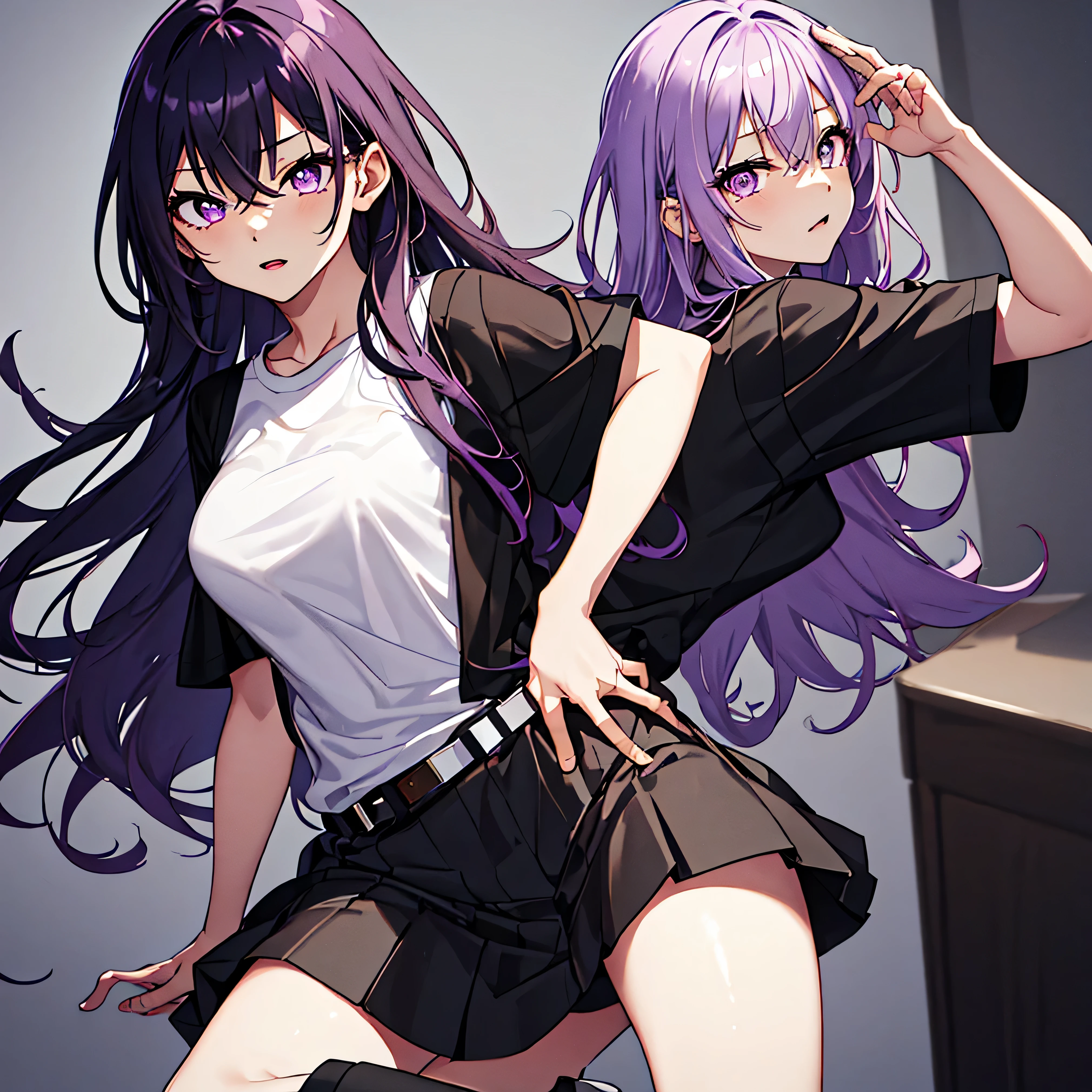 Best quality, a high resolution, ultra detailed, 1 girl with medium length purple hair and black bangs, Purple eyes, black T-shirt, heart on a T-shirt, black skirt, belt art, calm expression on his face