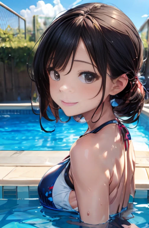 high resolution、detailed　最high resolution　Precision　biologically correct　cute　beautiful girl　beautiful woman　shortcut　black hair　　The skin is visible　pool　smile　smiling　Facing this way　fantasy　dramatic　active pose　small breasts　　Small breasts,barefoot, Floral swimsuit、 pool bikini 、active pose、 blue sky、spread one's limbs wide whole body