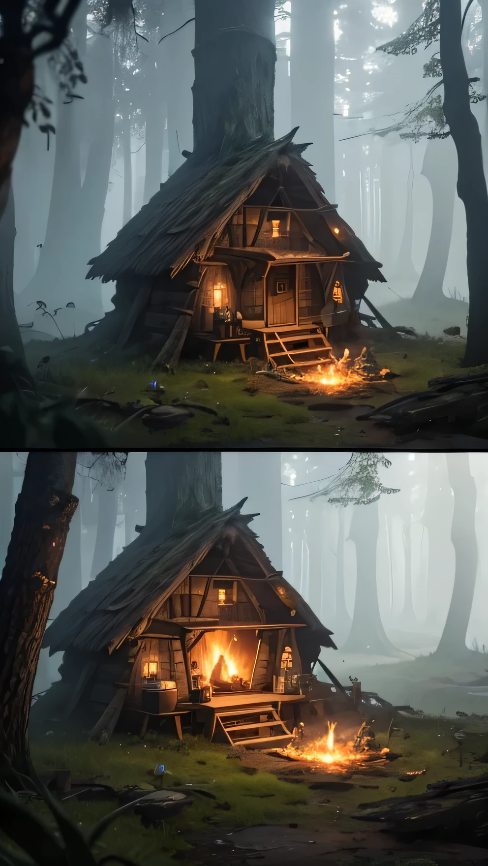 there is a man that is cooking something in the woods, witch hut, witch cottage in the forest, ritual in a forest, brewing potion in witch hut, makeshift house, the small house in the forest, at a campfire in the forest, forest ritual, cabin in the woods, barrel fires and tents, forest picnic, ❤🔥🍄🌪, (fantasy) Building a Primitive Survival Shelter in the Desolate Forest - Camping in the Rain