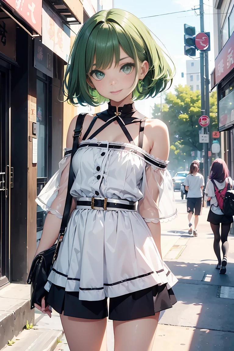 ((1 girl)), latest trend clothes, Street fashion,Cute outfit,A big smile, bare shoulders,shorts,black tights,relaxed pose、((Super detailed,highest quality, High resolution, 8k wallpaper, beautiful clothes,)),((Small story、Pastel colors hair, shortcut,Side Up,asymmetrical bangs)) (Light green eyes),eye shadow, eyeliner,Glow eye, highly detailed eyes, complicated eyes, beautiful eyes, 輝くLight green eyes、18 year old girl.
