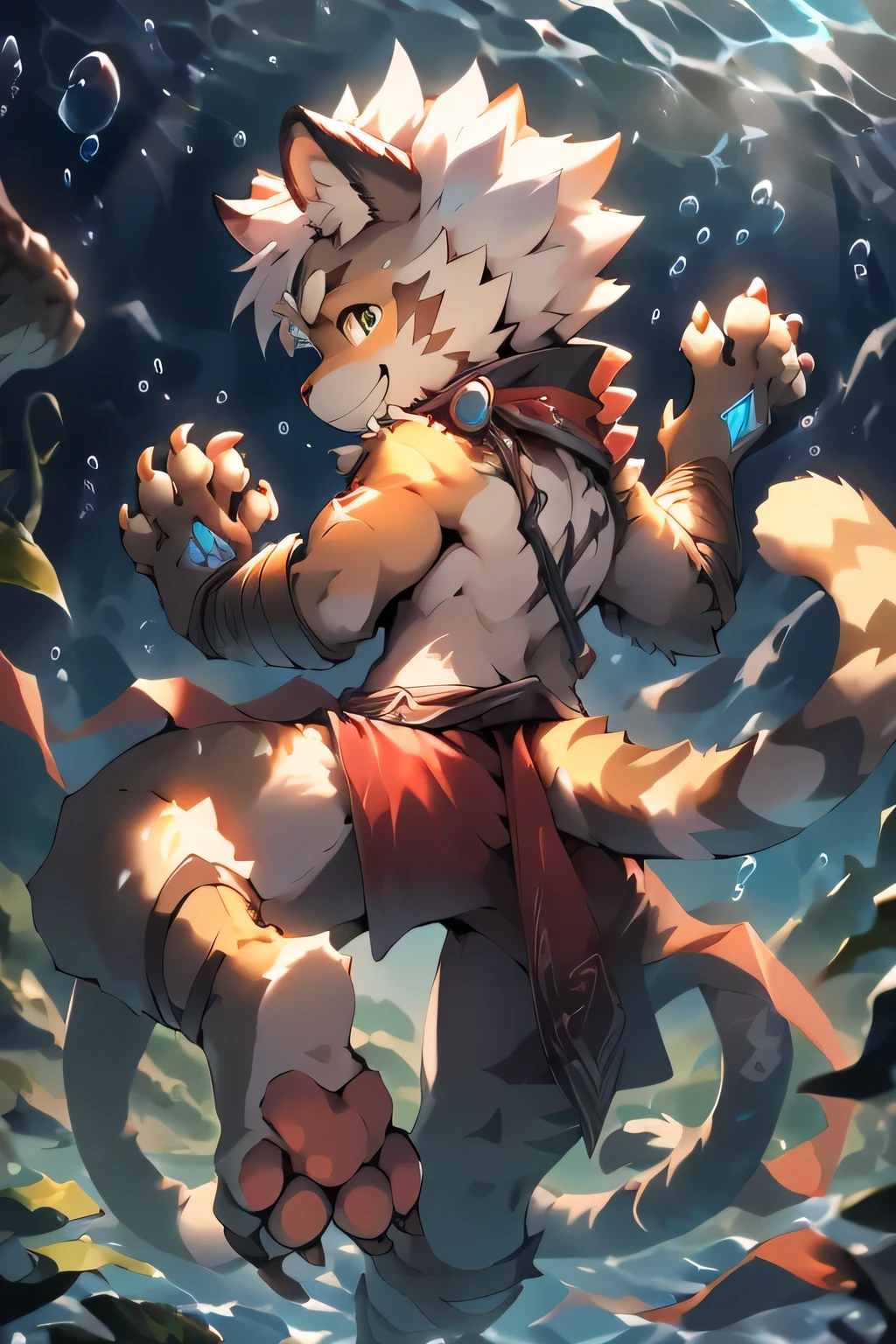 (((looking back,fake smile))), ((( \(perfect anatomy\)))),, strong, (from behind), ((Show your paws,foot focus,paws with claws)), ((underwater, bubble, )), Tail, charming, tentacle, fluffy mane, Common, Yes, Kiyoyama, white hair, white hair, (by kenkert), (author:Pino Deheni)author:Pino Deheni, Crab clams, milkytiger1145, daggers, Yes, only ,Naked upper body,
